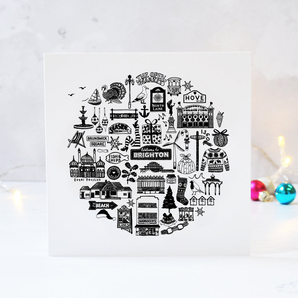 Brighton black and white illustrated Christmas card