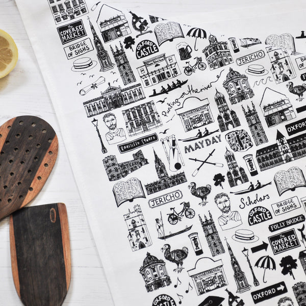 Oxford Illustrated Black And White Tea Towel