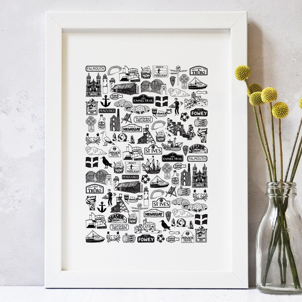 Cornwall illustrated black and white print