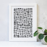 Kitchen food cupboard illustrated black and white print