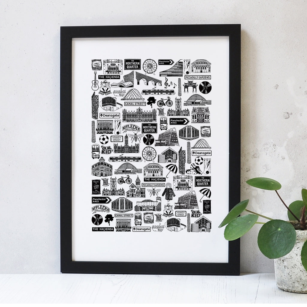 Manchester illustrated black and white print