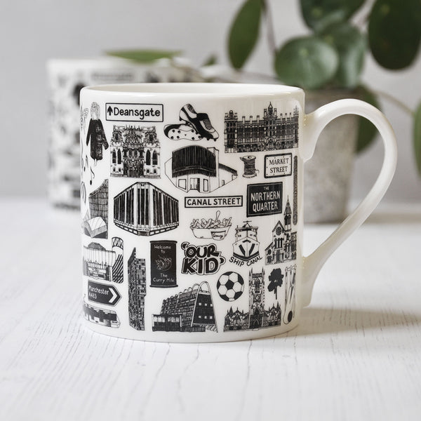 Manchester illustrated black and white mug