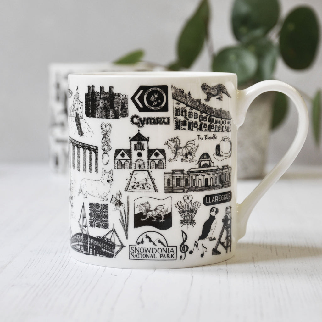 Wales illustrated black and white mug