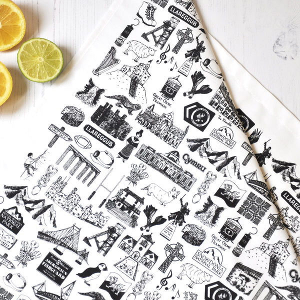 Wales Illustrated Black And White Tea Towel