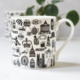 British illustrated black and white mug