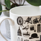 British illustrated black and white mug